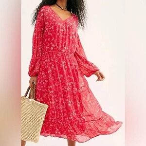 FREE PEOPLE WALLFLOWER PRINTED MIDI DRESS, RASPBERRY COMBO NEW‎ Size S